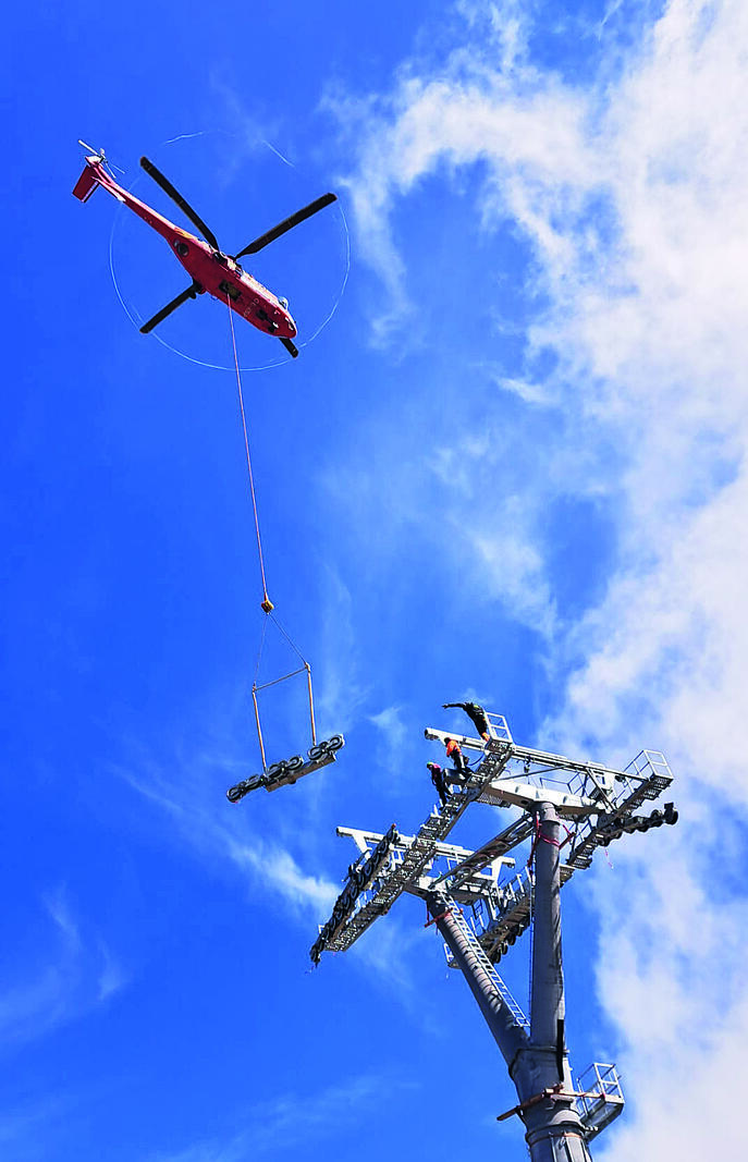 Rollenbatteriemontage mit Helikopter.
