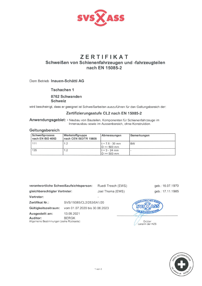 Zertikat Schweissen von Schienenfahrzeugen und -fahrzeugteilen nach EN 15085-2